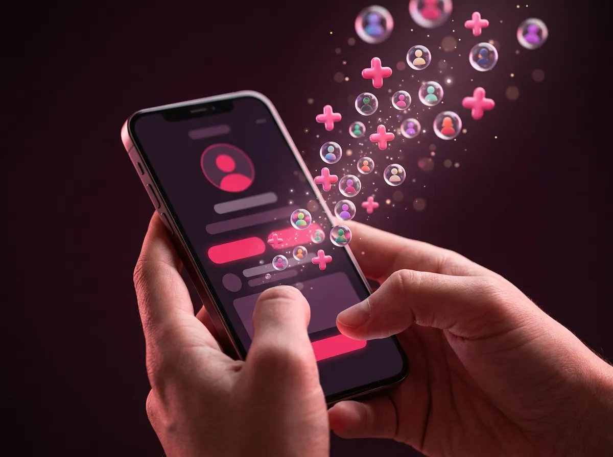 Creator holding a phone showing a TikTok profile with a rising follower count