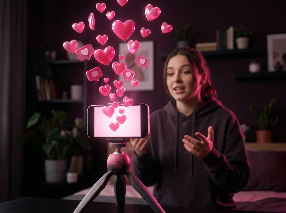 TikTok video on a phone with pink hearts floating up the screen