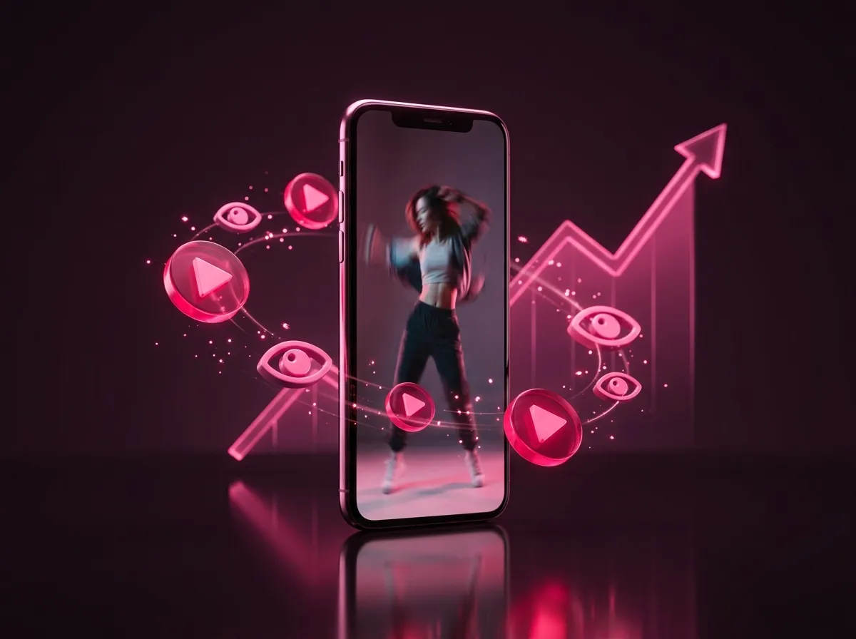 Phone playing a dance video with a climbing view counter and play icons